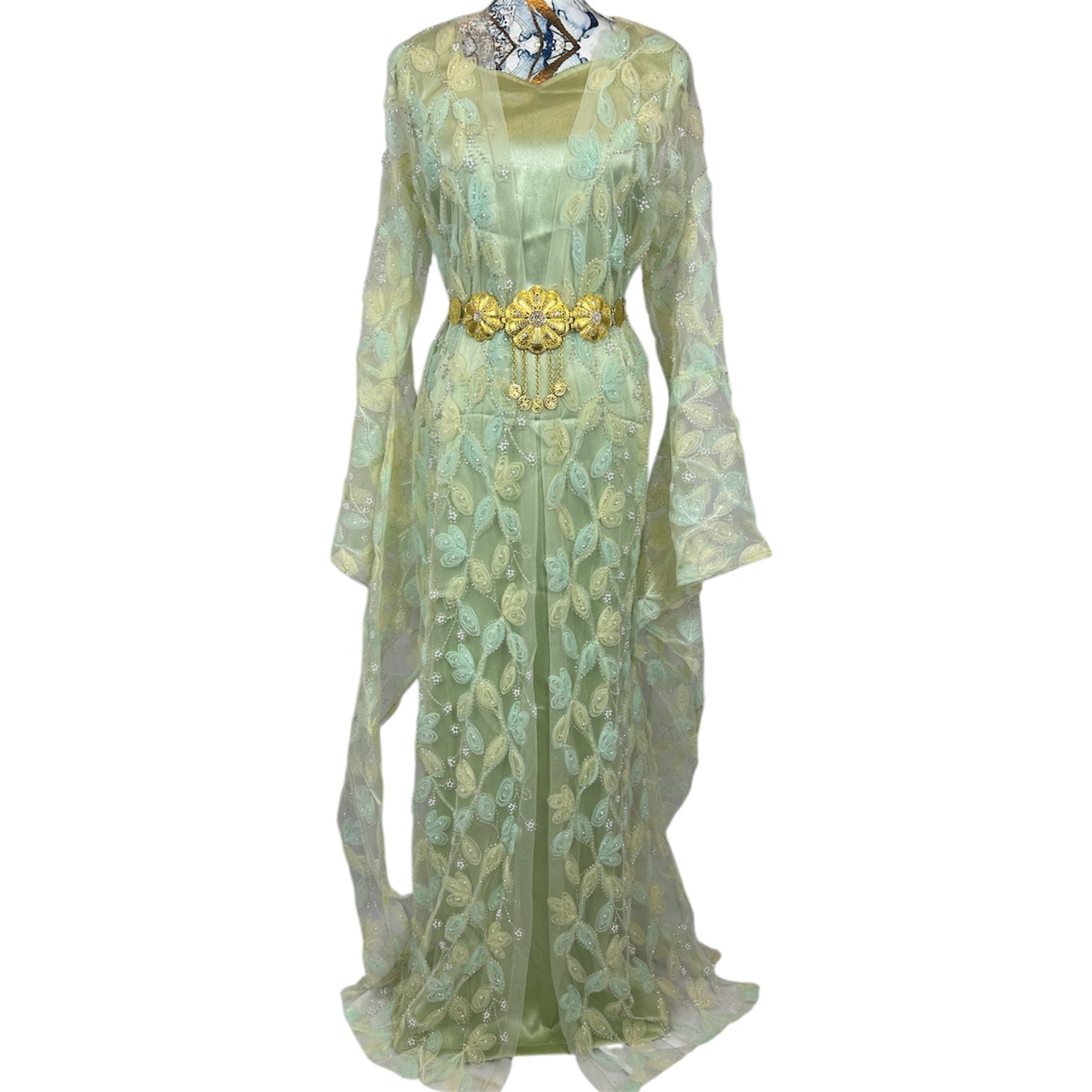 Kurdischer Luxus-Kaftan in Mintgrün – Handverziert & mit Glitzersteinen Kurdish Fanshop