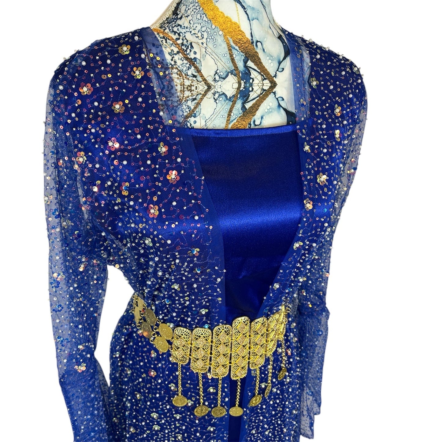 Kurdischer Luxus-Kaftan in Königsblau – Handverziert & mit goldenem Zinar-Gürtel Kurdish Fanshop