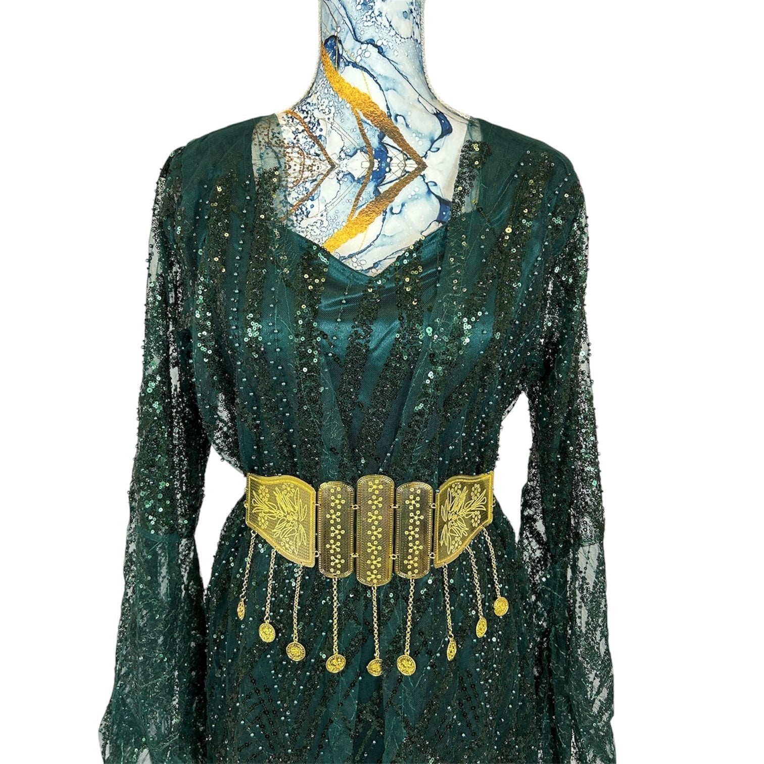 Kurdischer Luxus-Kaftan in Smaragdgrün – Handverziert & mit goldenem Zinar-Gürtel Kurdish Fanshop