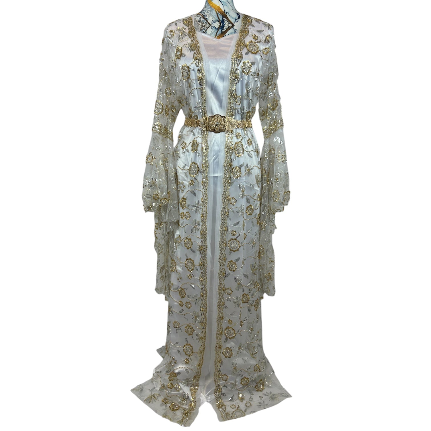 Kurdischer Luxus-Kaftan in Elfenbeinweiß – Handverziert & mit Glitzersteinen Kurdish Fanshop