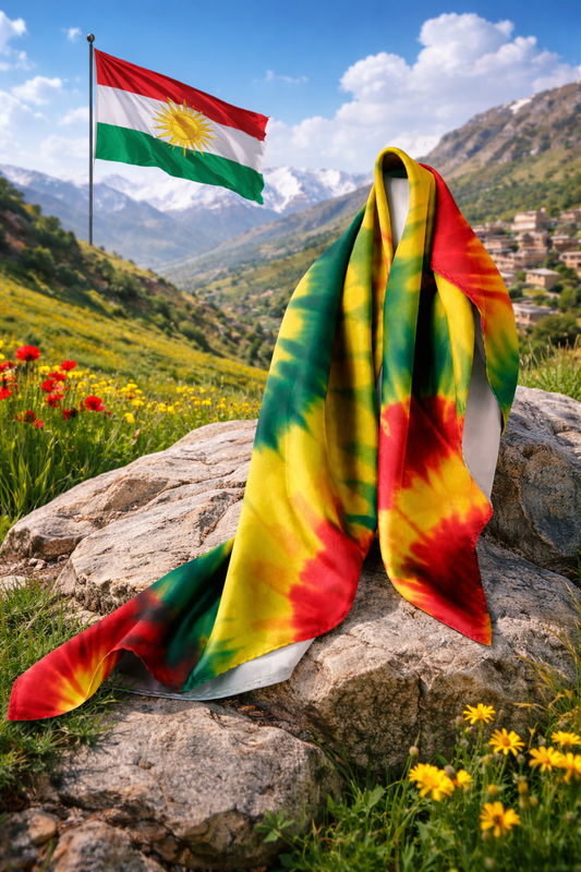 Satin-Schal mit Tie-Dye-Muster in Kurdistan-Farben – Elegant, Weich & Modisch Kurdish Fanshop