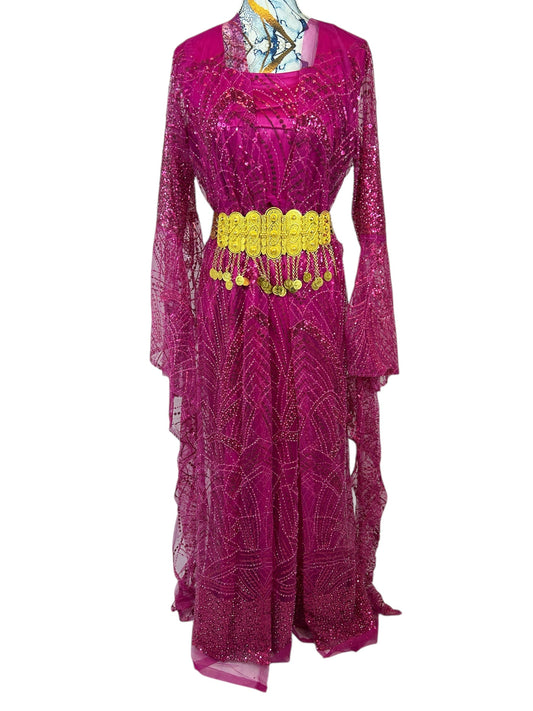Kurdischer Luxus-Kaftan in Fuchsia – Handverziert & mit goldenem Zinar-Gürtel Kurdish Fanshop